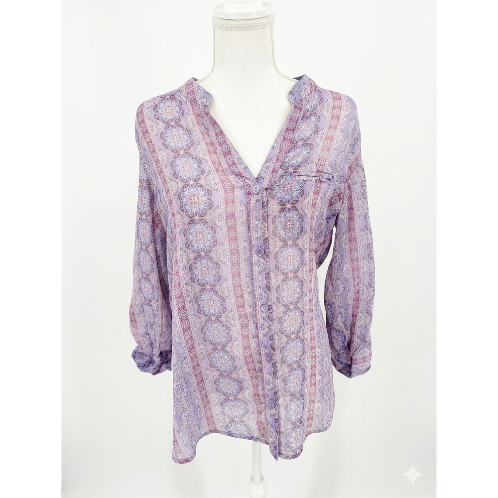 KUT from the Kloth Purple Medallion Paisley Roll Tab Blouse KT32138 Womens Med